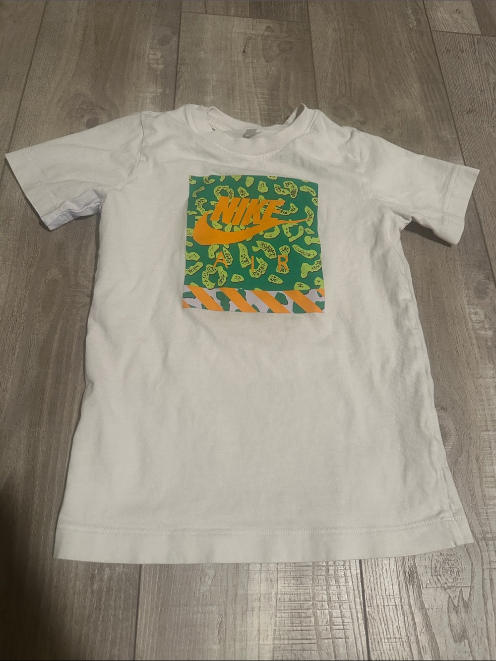 Nike White Short Sleeve Tee with Green & Orange Graphic Panel